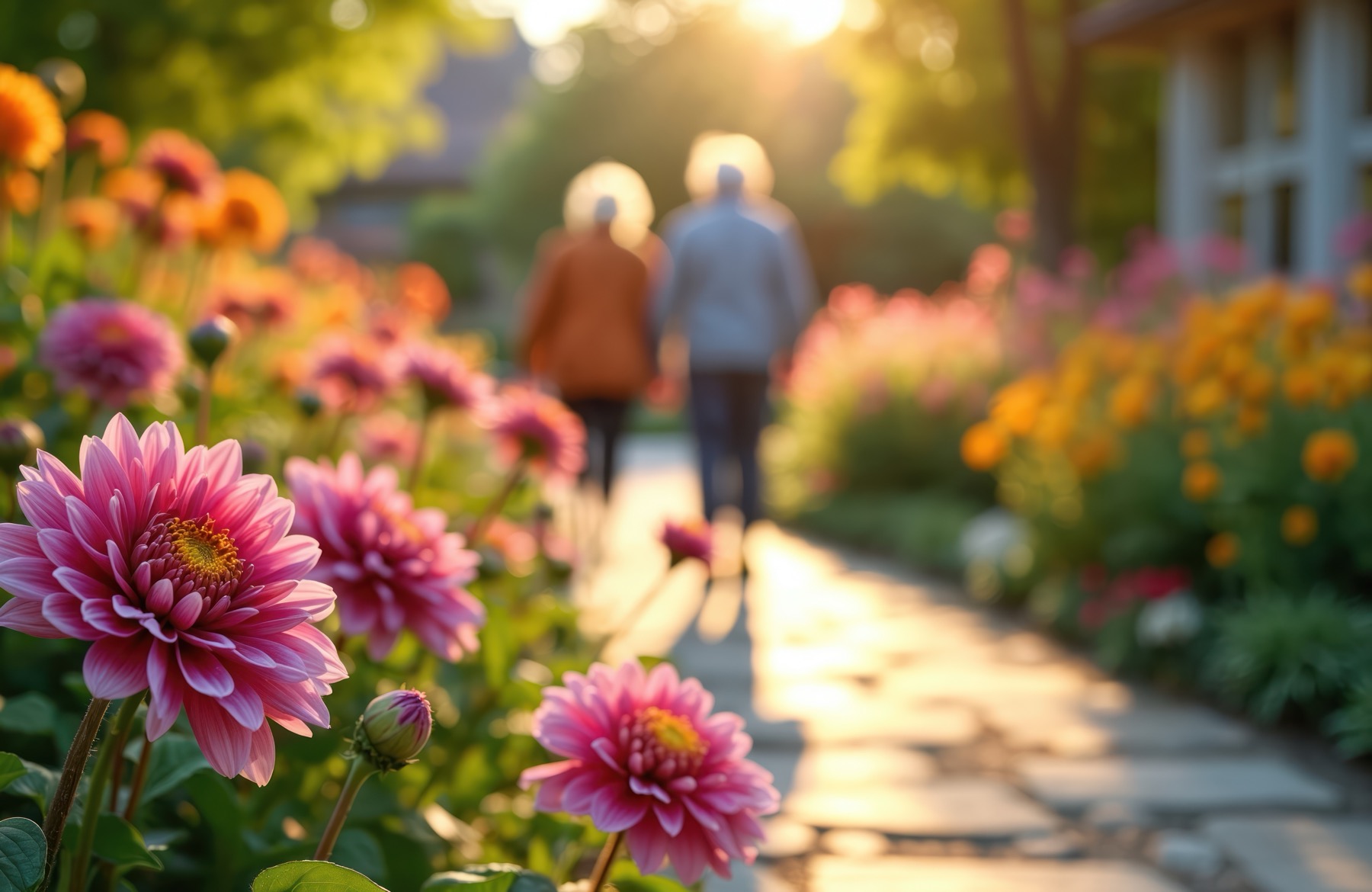 An older couple walking together down a sunlit garden path lined with flowers